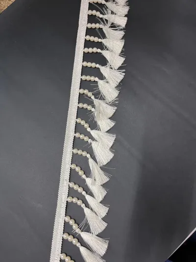Premium Resham Thread Hanging Beaded Tassel Latkan Lace - Off White